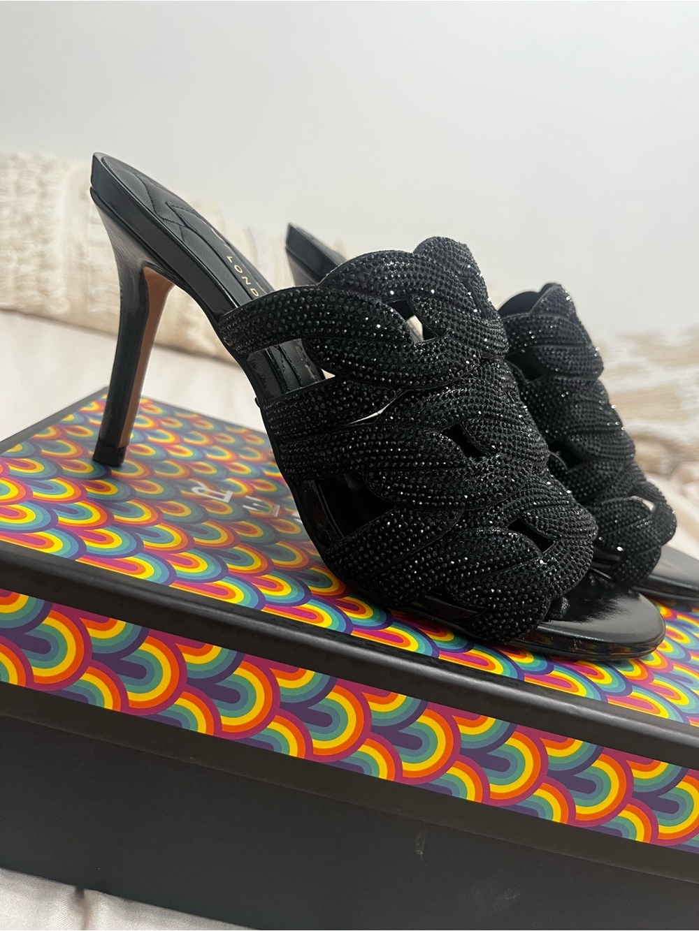 Kurt Geiger Black Beaded Braided High Heel Mules